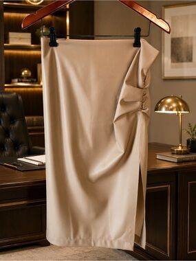 Tristan Cream Pencil Skirt — Buttery Soft with Side Ruching, Sz 16